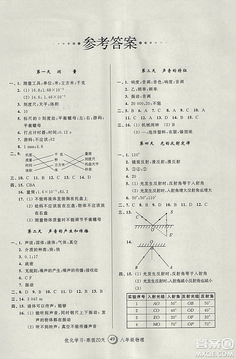 2019上海專用版寒假作業(yè)優(yōu)化學(xué)習(xí)寒假20天物理八年級第8版答案