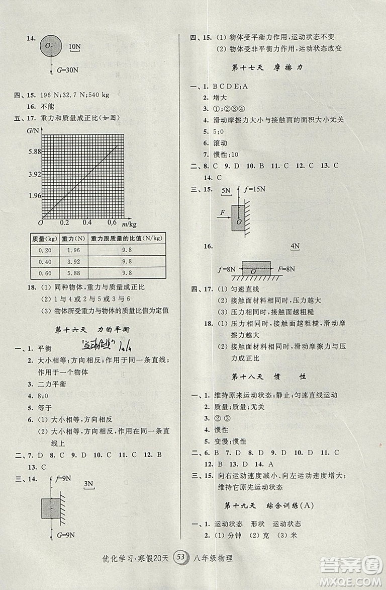 2019上海專用版寒假作業(yè)優(yōu)化學(xué)習(xí)寒假20天物理八年級第8版答案