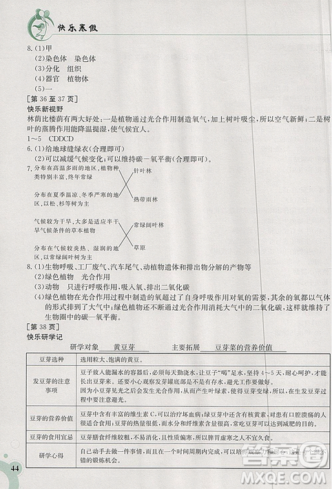 江西高校出版社2019版人教版快樂(lè)寒假七年級(jí)綜合金太陽(yáng)教育答案