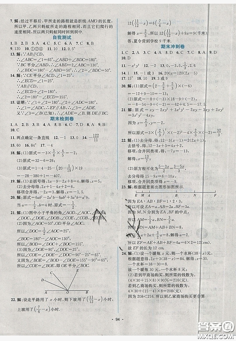 七彩假期期末大提升2019年寒假作業(yè)七年級(jí)數(shù)學(xué)答案