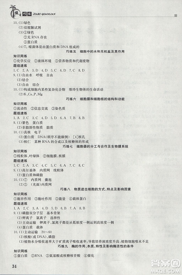 2019新版假日巧練生物必修1高中一年級(jí)寒假作業(yè)參考答案