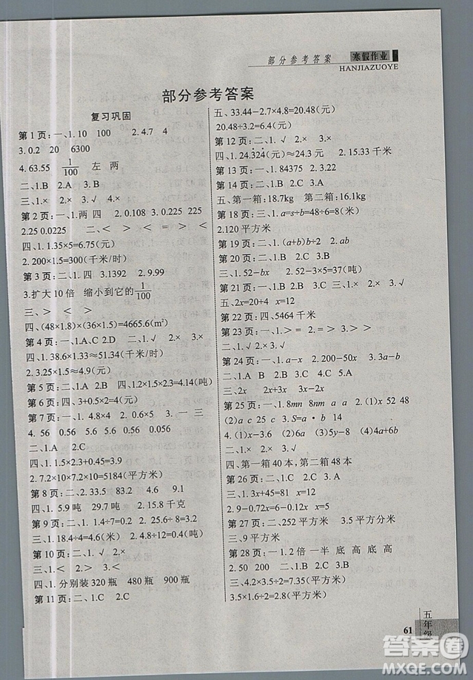 新思維2019年假期作業(yè)五年級(jí)數(shù)學(xué)人教版RJB參考答案