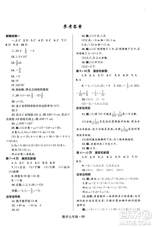 2019年贏在起跑線中學(xué)生快樂(lè)寒假7年級(jí)數(shù)學(xué)參考答案