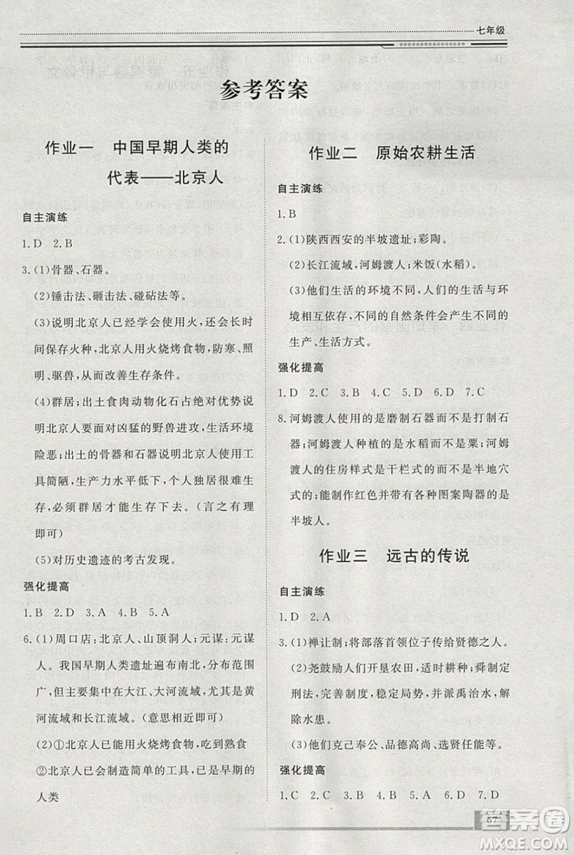 文軒圖書2019寒假假期生活指導七年級歷史答案