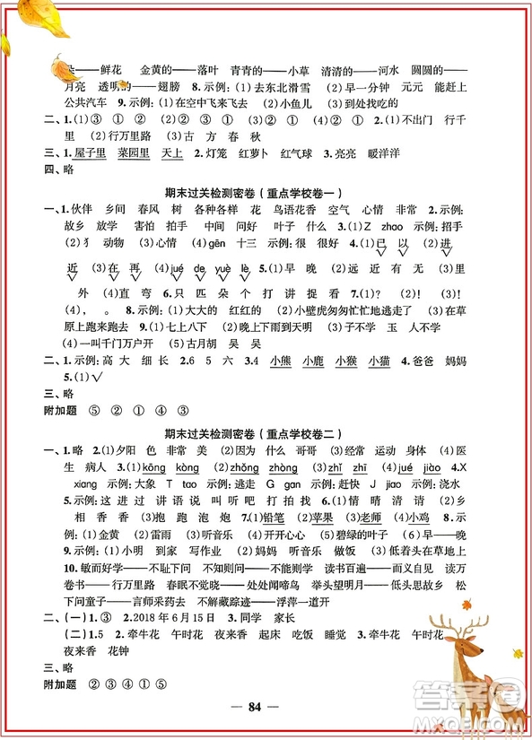 陽(yáng)光同學(xué)2019新版一線名師全優(yōu)好卷一年級(jí)下冊(cè)語(yǔ)文試卷人教部編版RJ參考答案