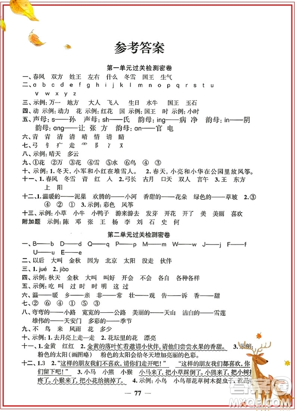 陽(yáng)光同學(xué)2019新版一線名師全優(yōu)好卷一年級(jí)下冊(cè)語(yǔ)文試卷人教部編版RJ參考答案