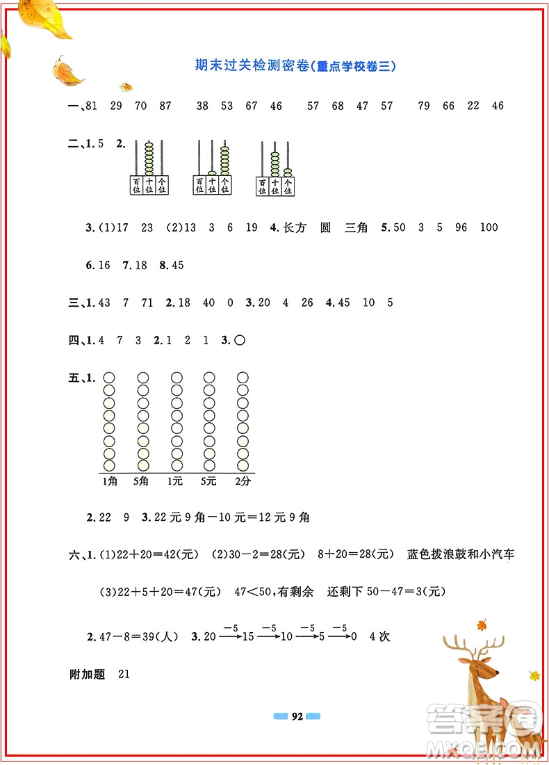 陽光同學2019新版一線名師全優(yōu)好卷一年級下冊數學試卷人教部編版RJ參考答案