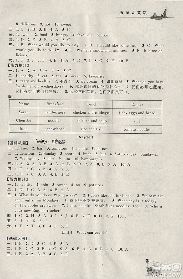 寒假大串聯(lián)2019年五年級英語人民教育教材PEP參考答案