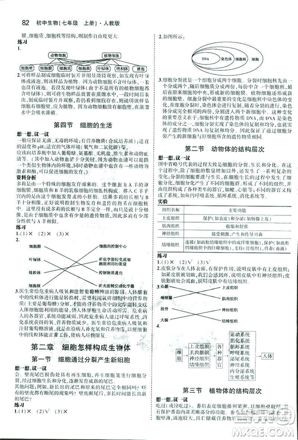 2019新版5年中考3年模擬七年級上冊生物人教版RJ參考答案