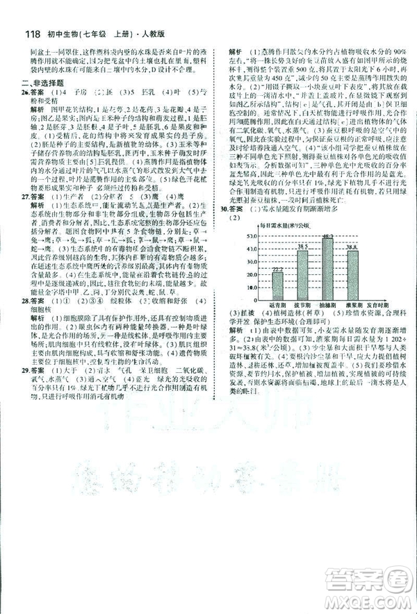 2019新版5年中考3年模擬七年級上冊生物人教版RJ參考答案