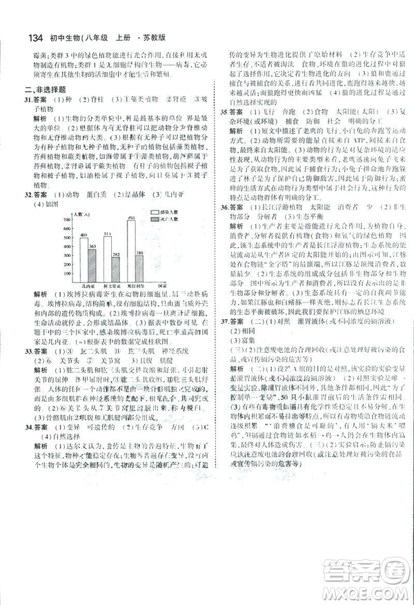 2019版初中同步5年中考3年模擬八年級(jí)上冊(cè)生物蘇教版SJ參考答案