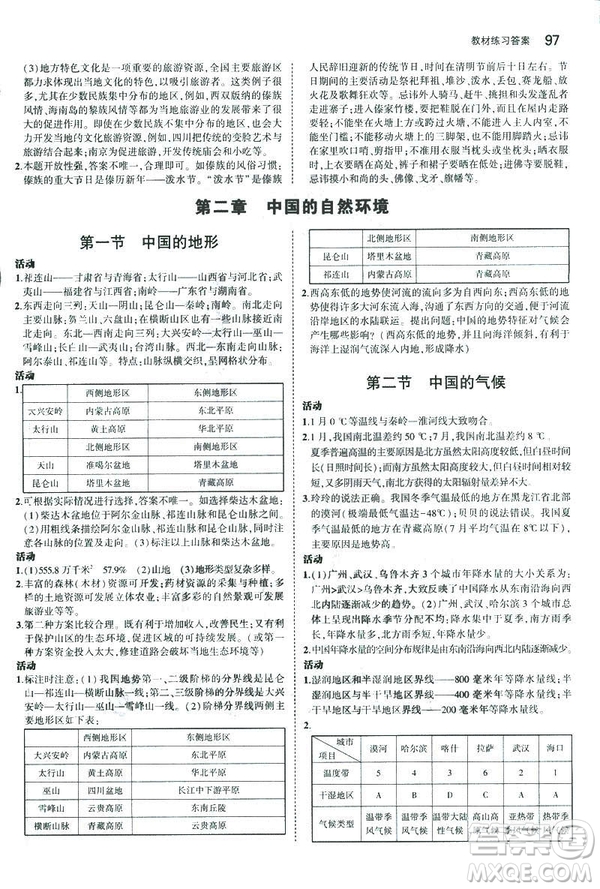 曲一線科學(xué)備考2019版5年中考3年模擬地理八年級上冊湘教版XJ參考答案