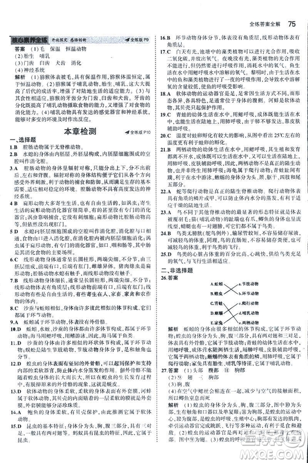 2019版5年中考3年模擬生物八年級上冊人教版RJ參考答案