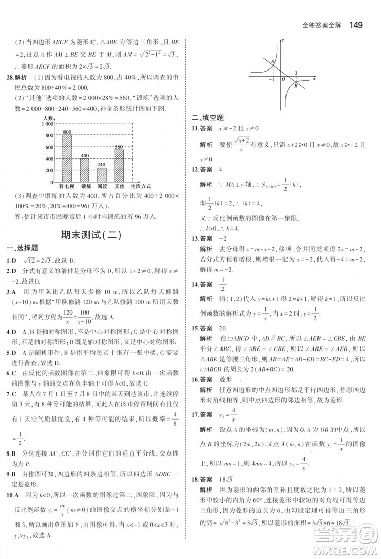 曲一線科學(xué)備考2019版5年中考3年模擬八年級數(shù)學(xué)下冊蘇科版參考答案