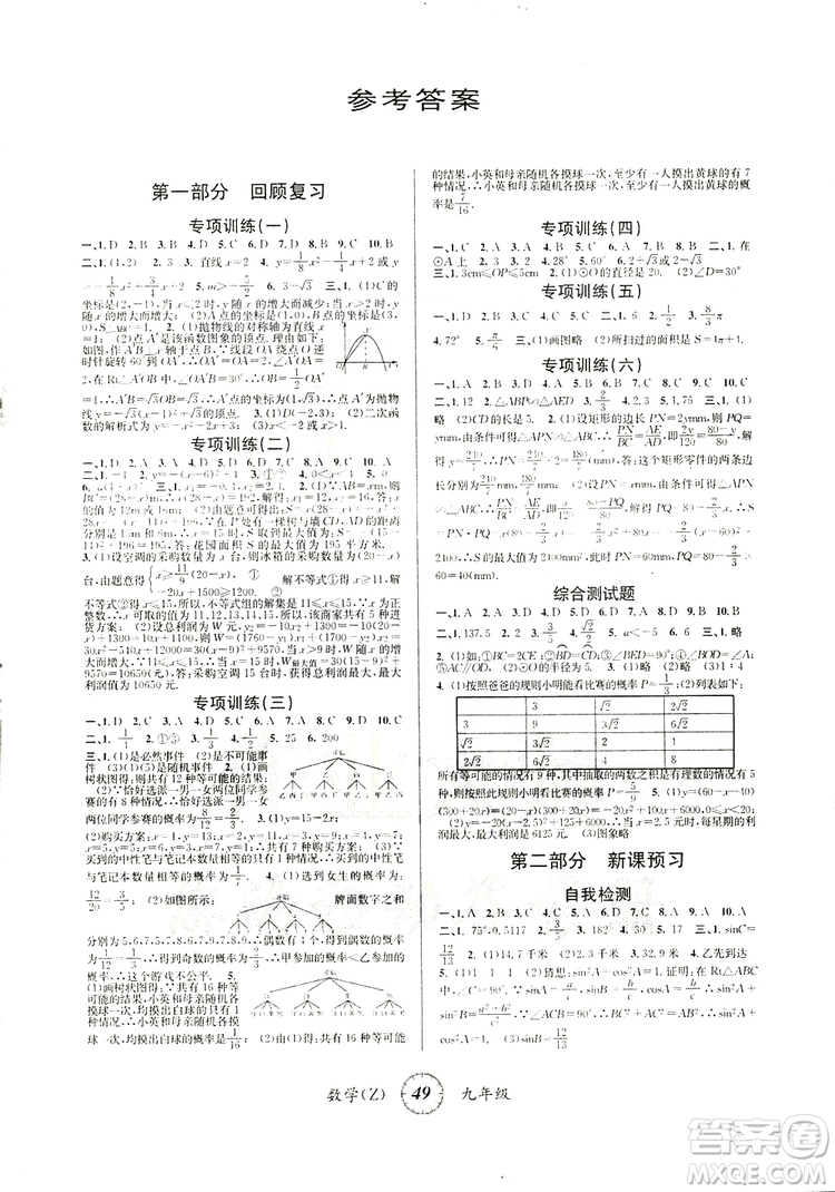 寒假創(chuàng)新型自主學(xué)習(xí)2019版第三學(xué)期寒假銜接數(shù)學(xué)九年級Z浙教版參考答案