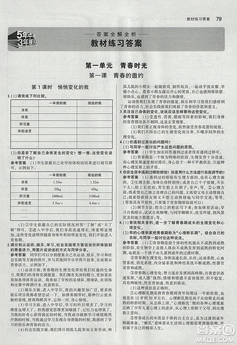 2019年人教版義務(wù)教育教科書道德與法治七年級下冊教材課本參考答案