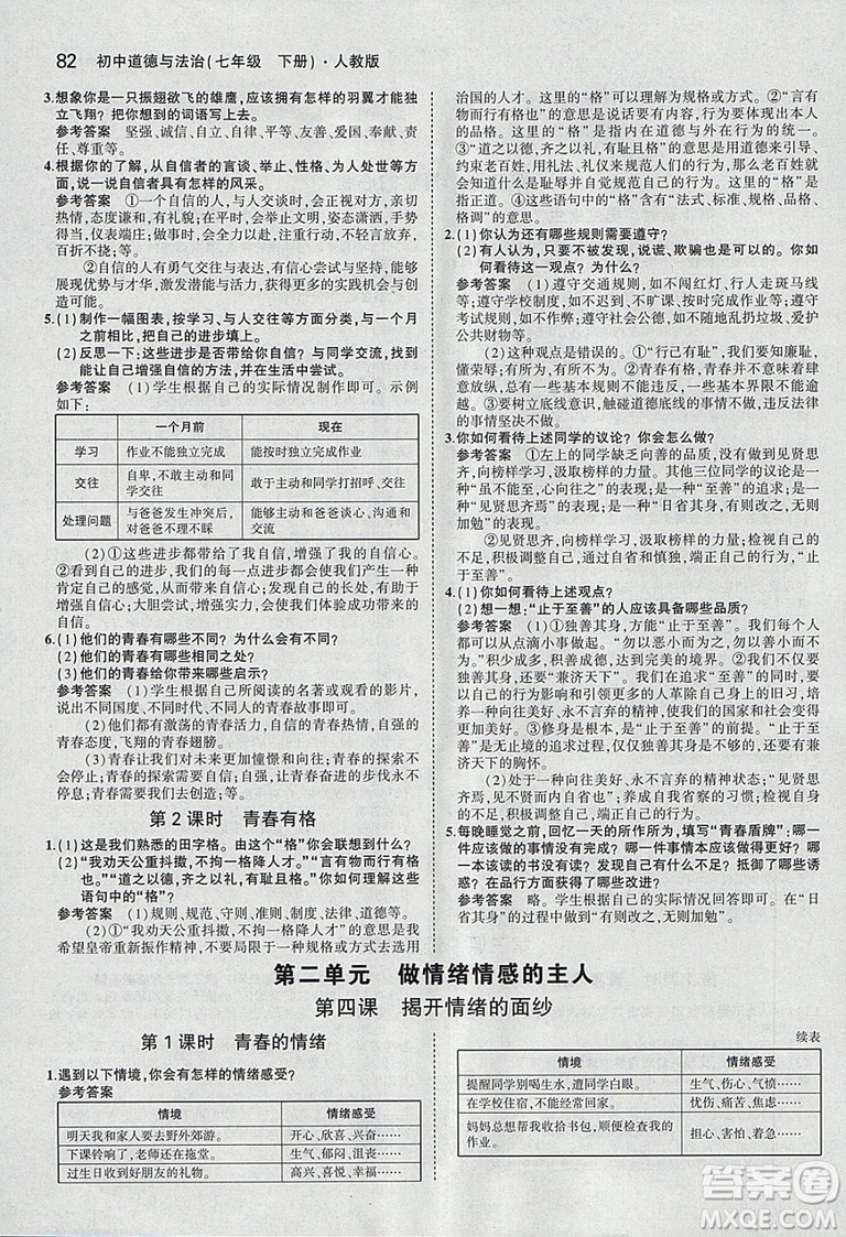 2019年人教版義務(wù)教育教科書道德與法治七年級下冊教材課本參考答案