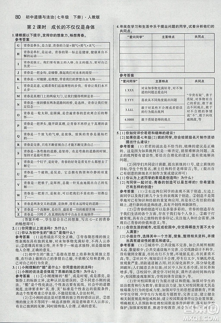 2019年人教版義務(wù)教育教科書道德與法治七年級下冊教材課本參考答案