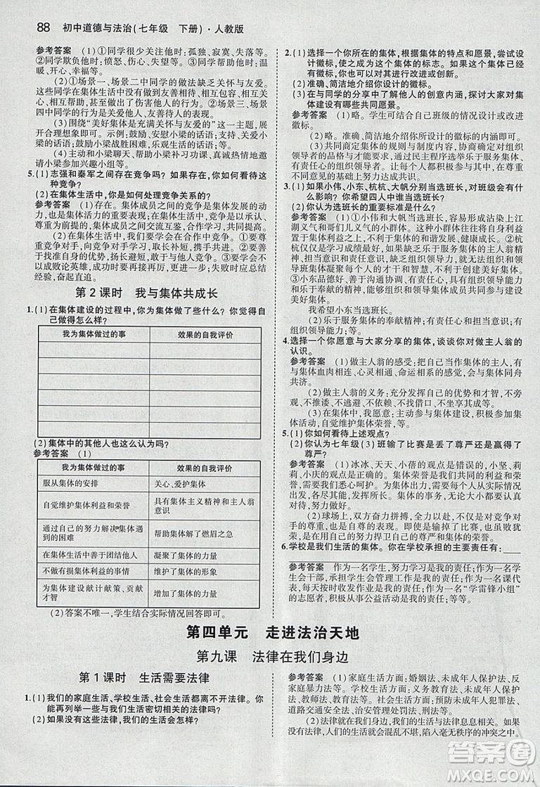 2019年人教版義務(wù)教育教科書道德與法治七年級下冊教材課本參考答案