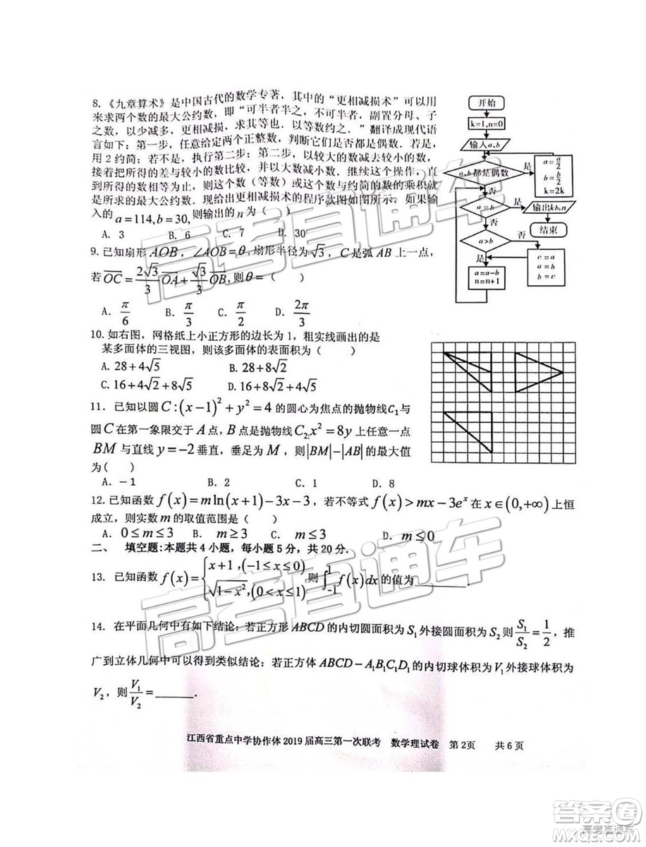 2019年江西重點中學(xué)協(xié)作體高三第一次聯(lián)考理數(shù)試題及參考答案