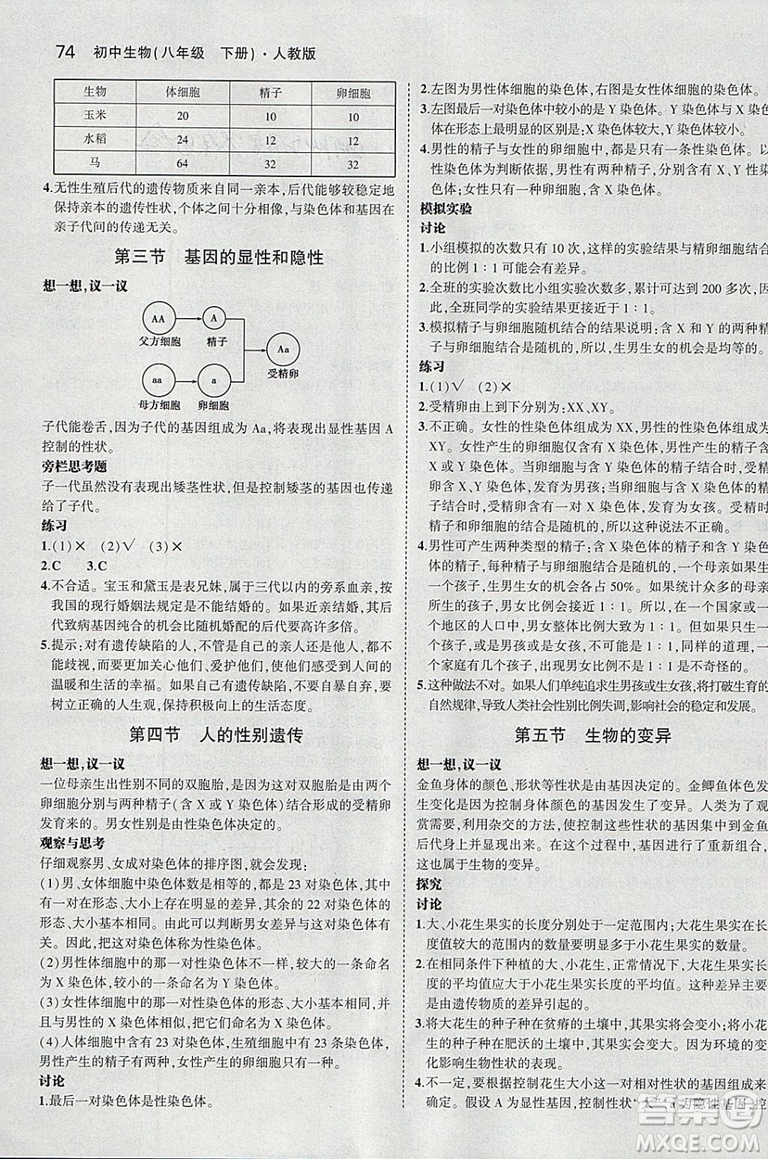 2019人教版初中生物學(xué)八年級(jí)下冊(cè)課本教材教科書參考答案