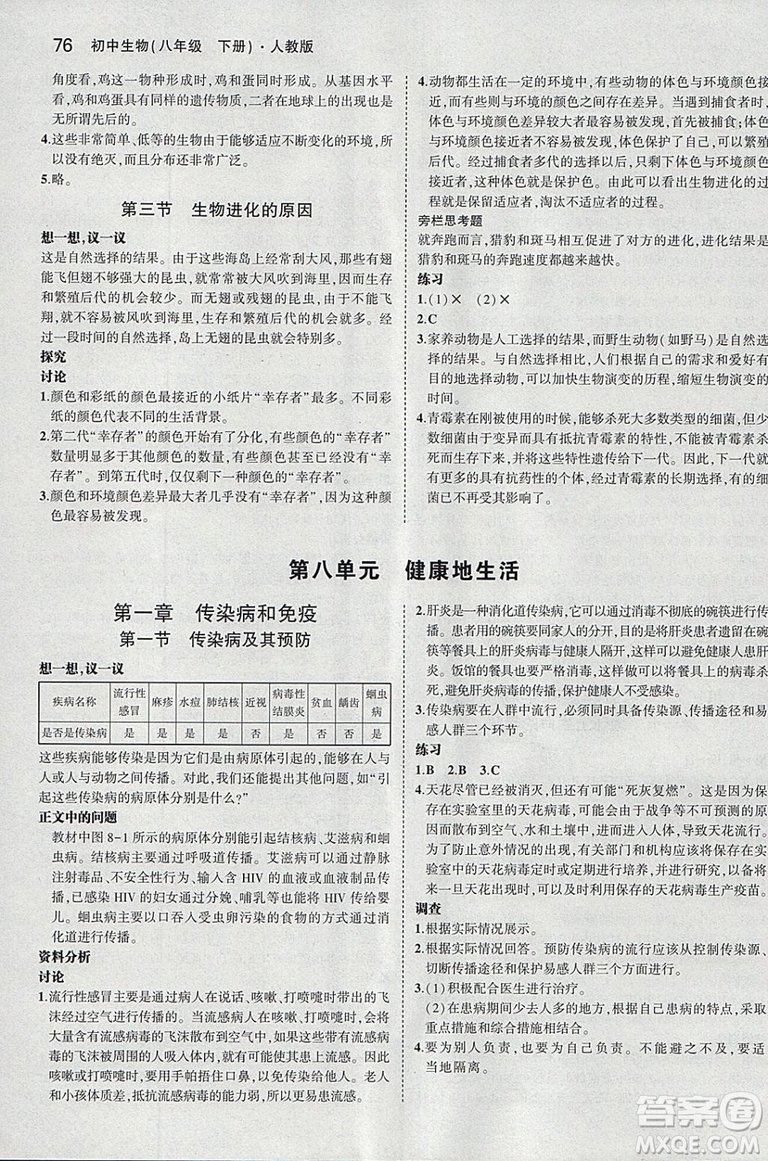 2019人教版初中生物學(xué)八年級(jí)下冊(cè)課本教材教科書參考答案