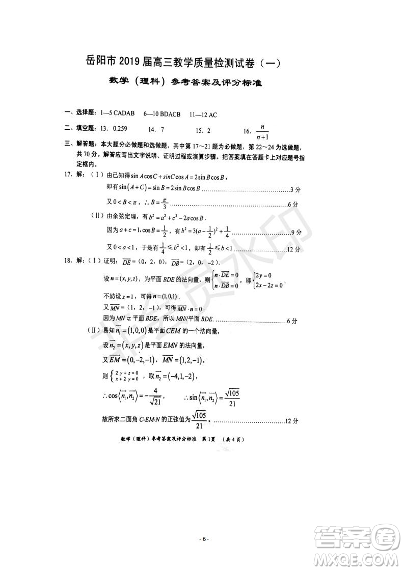 湖南省岳陽(yáng)市2019屆高三教學(xué)質(zhì)量檢測(cè)一理科數(shù)學(xué)試題及答案