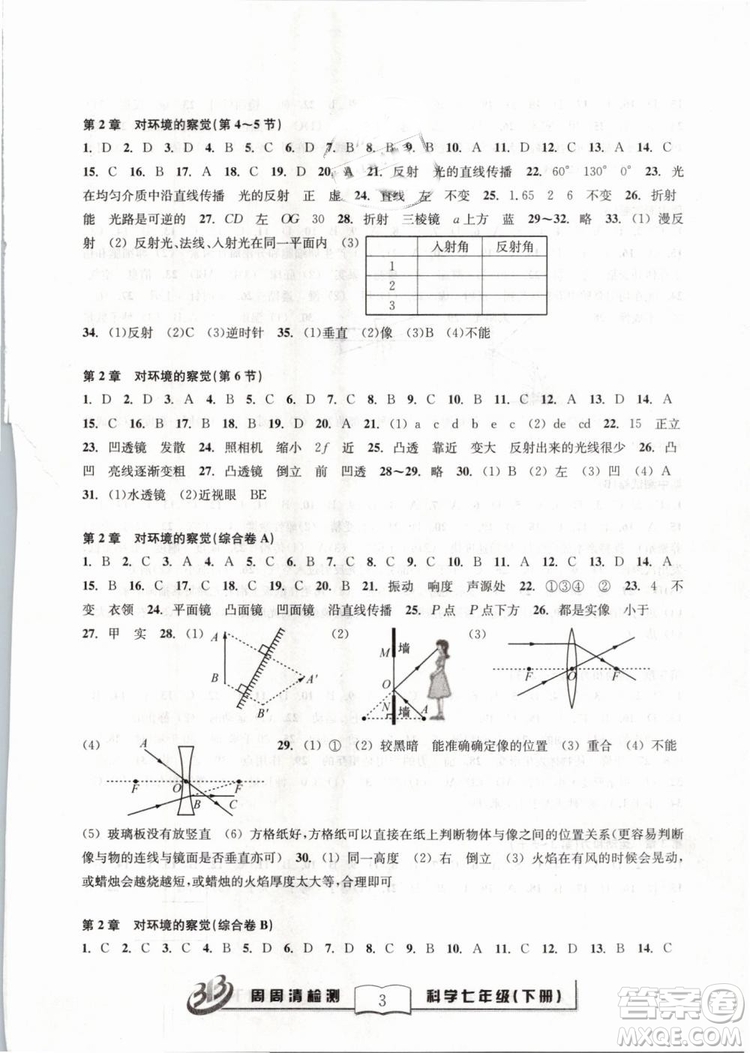 精英版2019BFB百分百系列周周清檢測(cè)卷七年級(jí)科學(xué)下冊(cè)浙教版ZJ參考答案