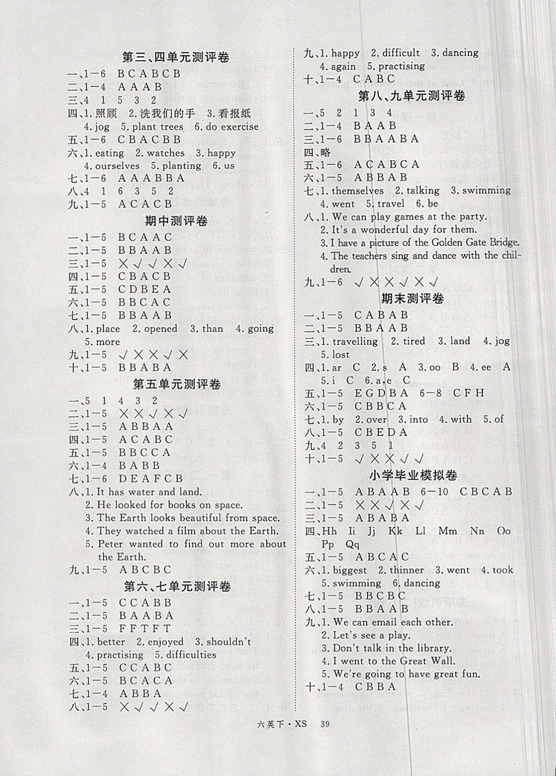 2019春優(yōu)翼叢書學(xué)練優(yōu)小學(xué)英語六年級下XS湘少版版參考答案