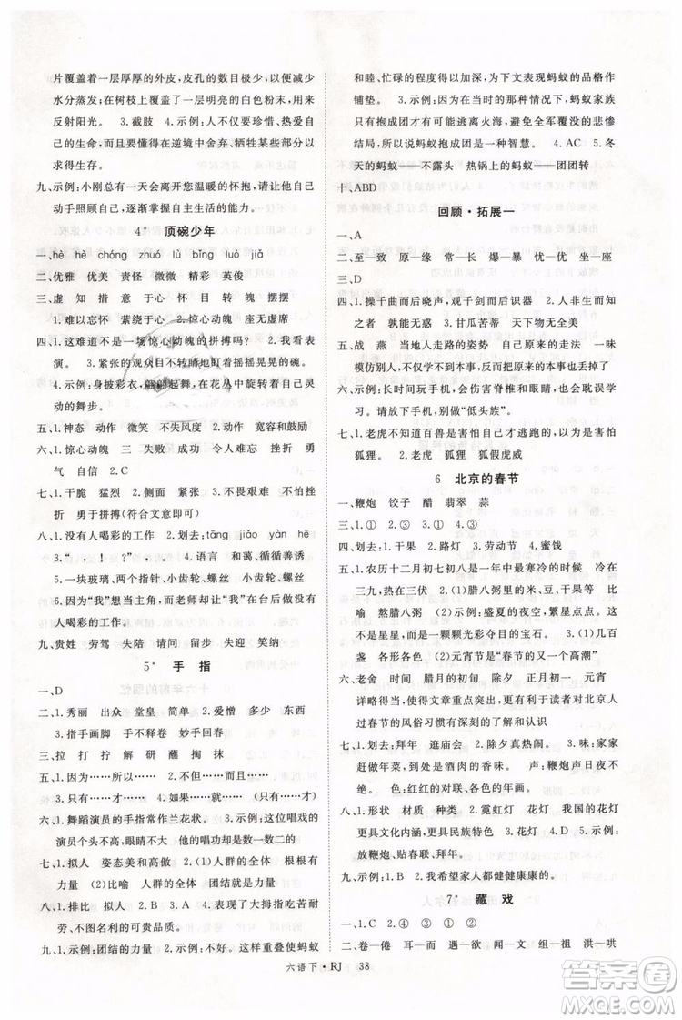 優(yōu)翼叢書2019版學(xué)練優(yōu)小學(xué)語文六年級下冊RJ人教版參考答案