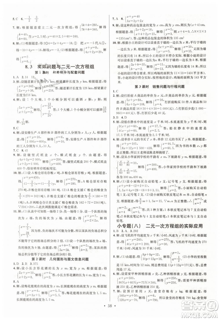 火線100天系列名校課堂2019七年級(jí)數(shù)學(xué)下冊(cè)RJ人教版答案