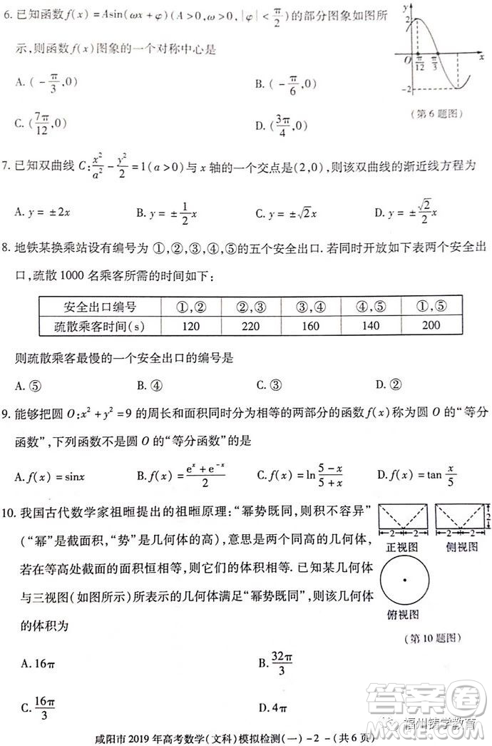 陜西省咸陽市2019屆高三一模文科數(shù)學(xué)試卷及答案