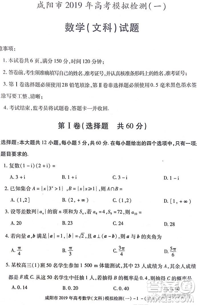 陜西省咸陽市2019屆高三一模文科數(shù)學(xué)試卷及答案