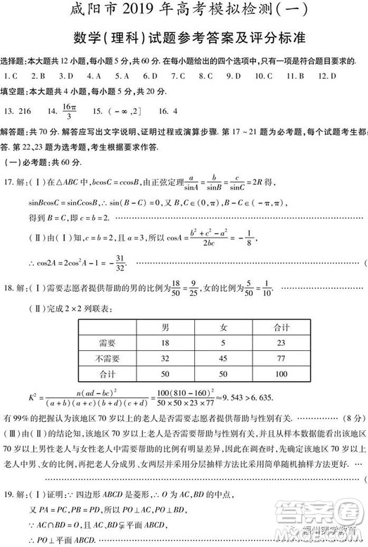 2019屆陜西省咸陽(yáng)市高三一模理科數(shù)學(xué)試卷及答案