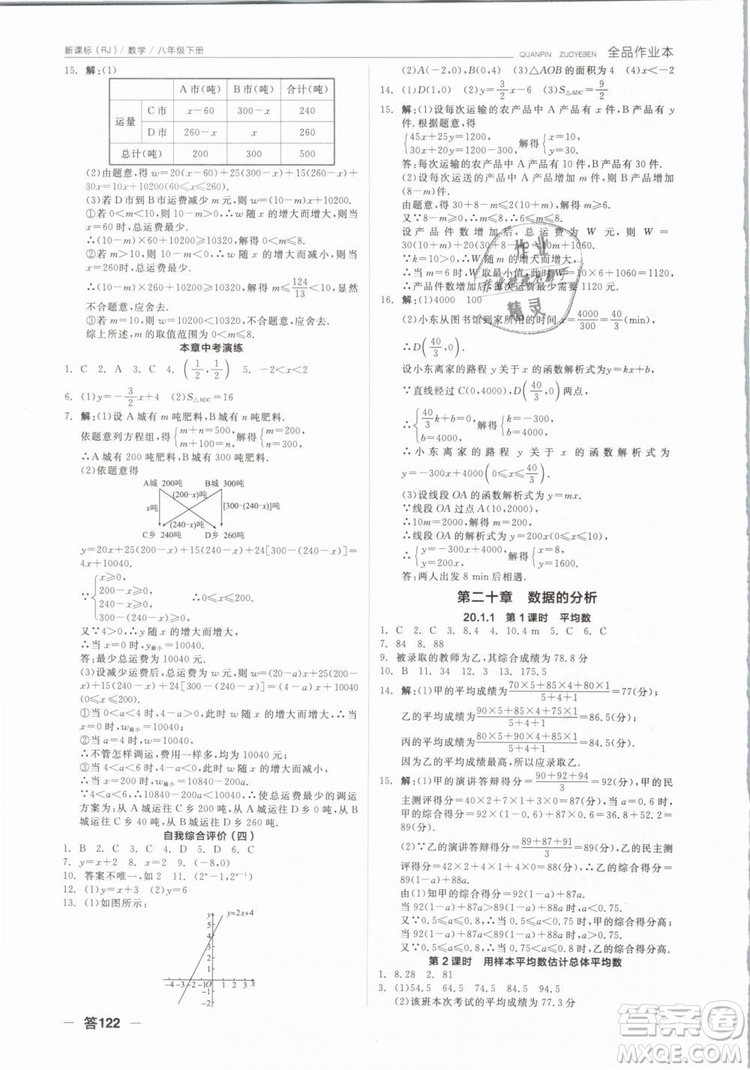 全品作業(yè)本2019春八年級下冊數學新課標人教版RJ參考答案