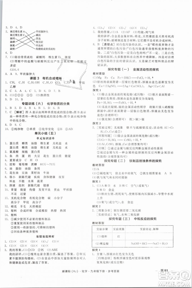 2019人教版全品作業(yè)本九年級化學(xué)下冊新課標(biāo)RJ陽光出版社參考答案