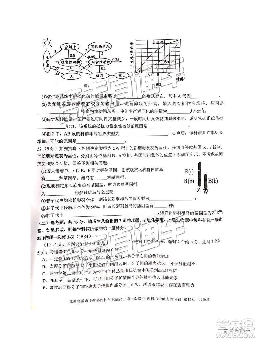 2019年江西重點(diǎn)中學(xué)協(xié)作體高三第一次聯(lián)考理綜試題及參考答案