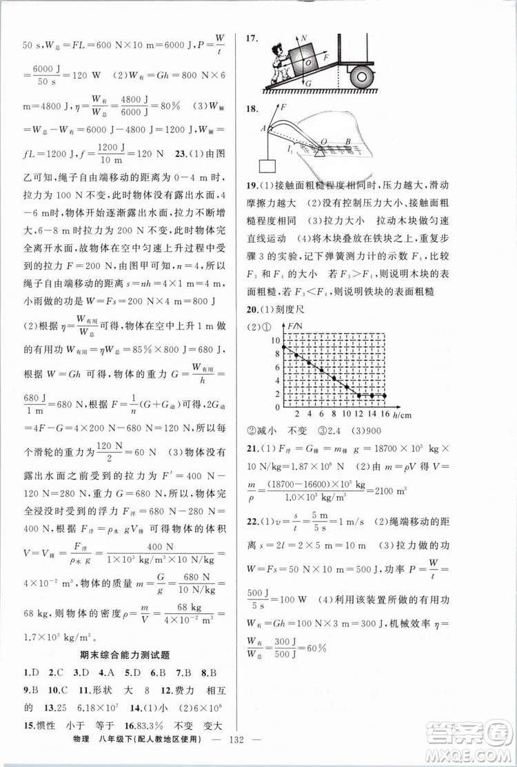 人教地區(qū)使用2019年原創(chuàng)新課堂物理下冊八年級參考答案