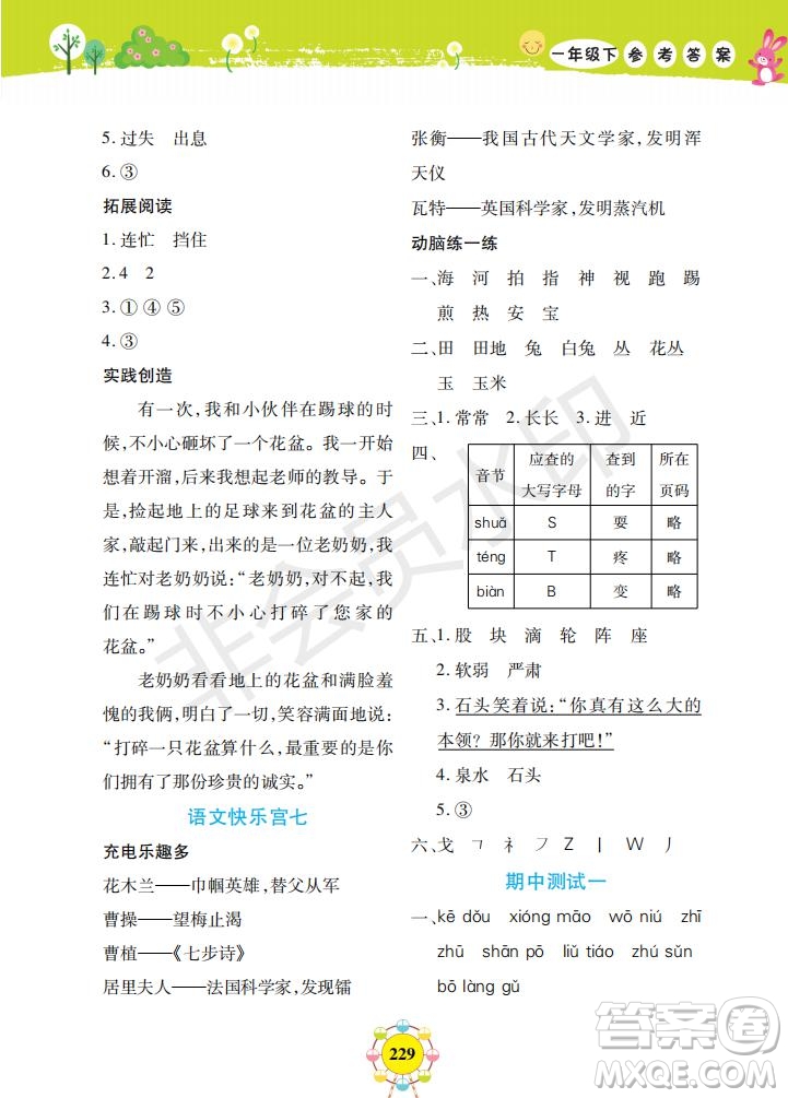 2019年新編同步學(xué)一年級(jí)下冊(cè)語(yǔ)文人教部編版參考答案