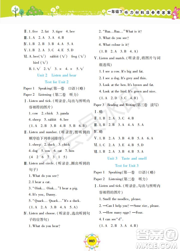 2019年新編同步學(xué)一年級下冊英語N版牛津版參考答案