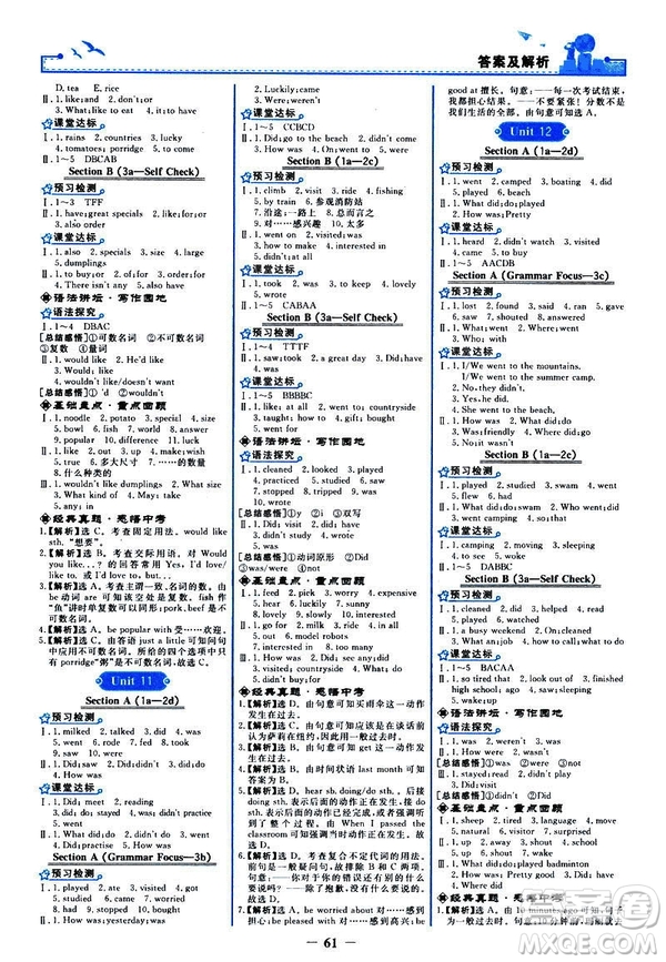 2019新版陽光課堂金牌練習冊七年級下冊RJ人教版英語參考答案