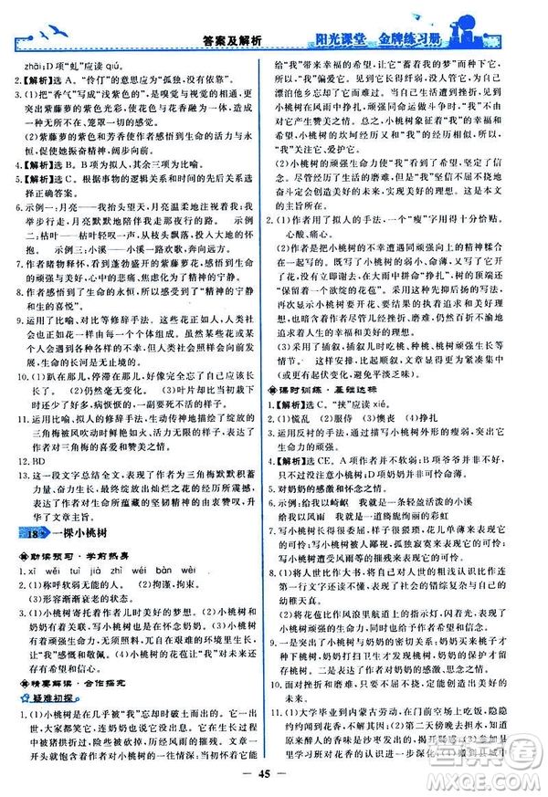 人教版2019版陽(yáng)光課堂金牌練習(xí)冊(cè)七年級(jí)下冊(cè)語(yǔ)文參考答案