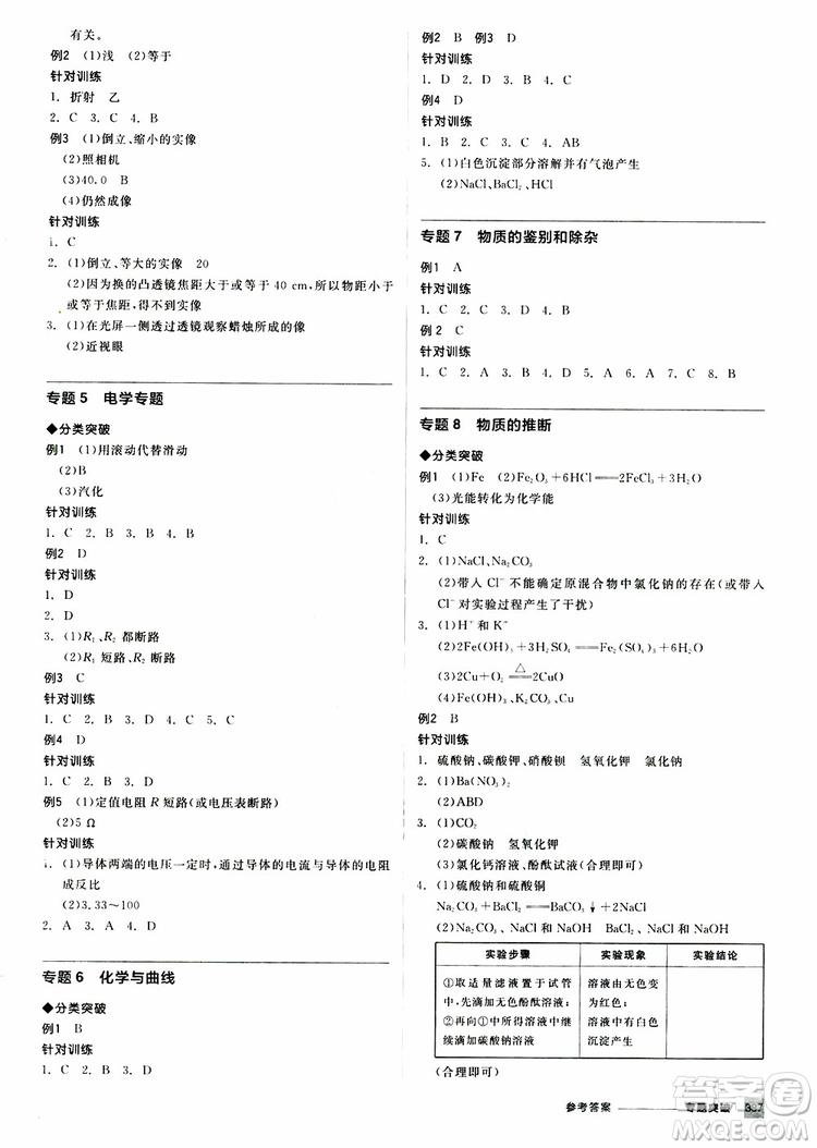 浙江專版2019版全品中考復(fù)習(xí)方案專題突破九年級科學(xué)ZJ參考答案