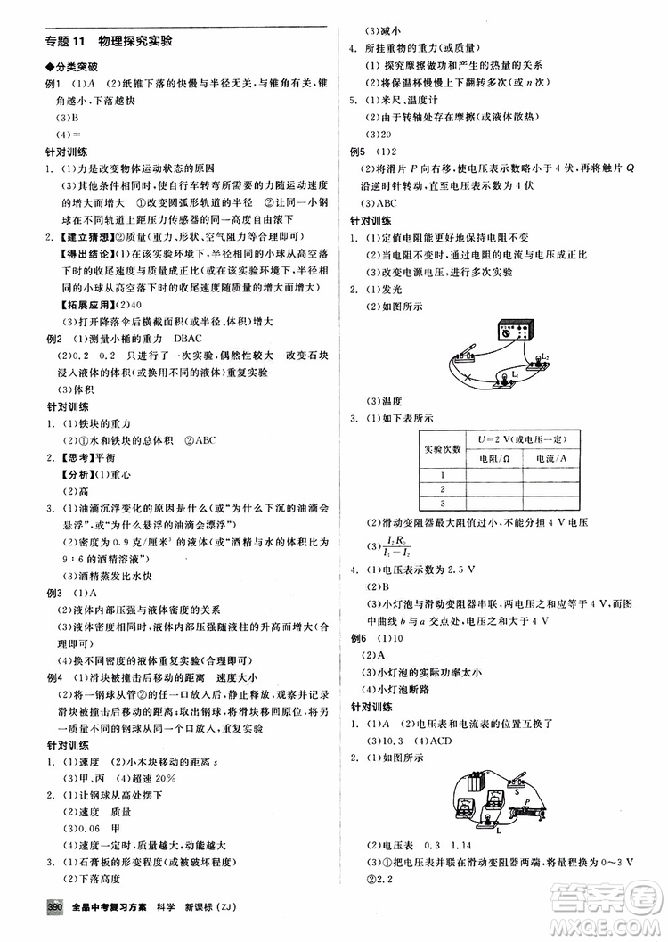 浙江專版2019版全品中考復(fù)習(xí)方案專題突破九年級科學(xué)ZJ參考答案