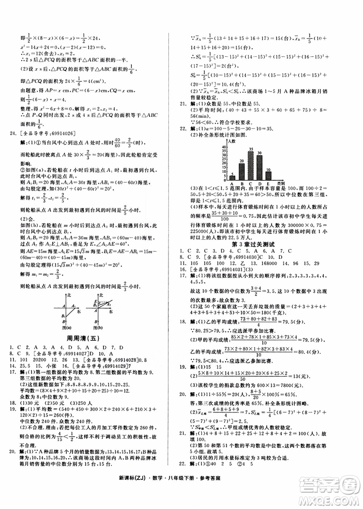 2019年全品小復習八年級下冊初二數(shù)學新課標ZJ浙教版參考答案