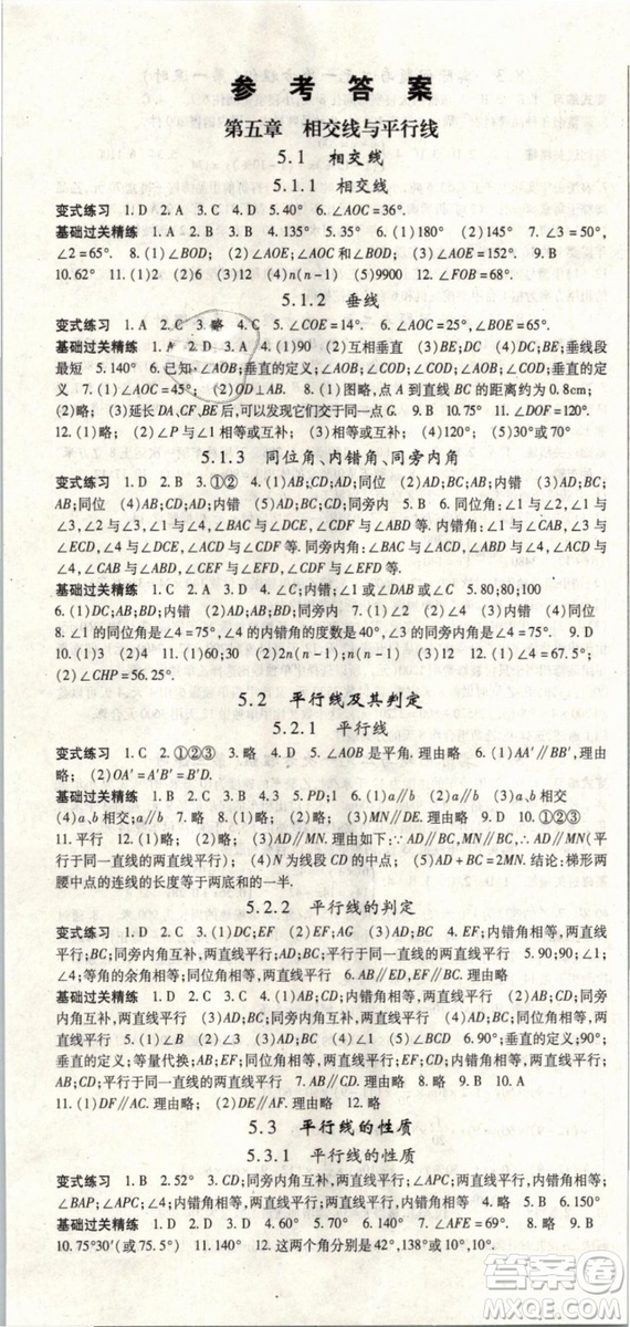 2019春人教版啟航新課堂七年級數(shù)學(xué)下冊RJ參考答案