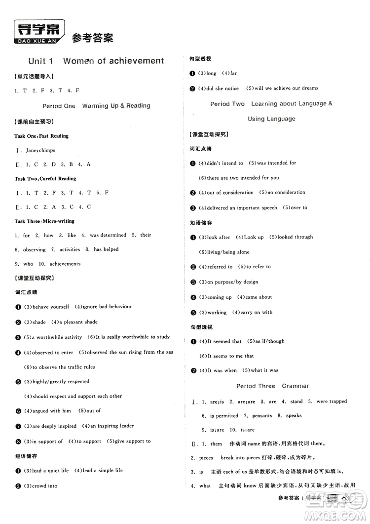 2019年全品學(xué)練考練習(xí)冊(cè)高中英語(yǔ)必修4新高考RJ人教版參考答案