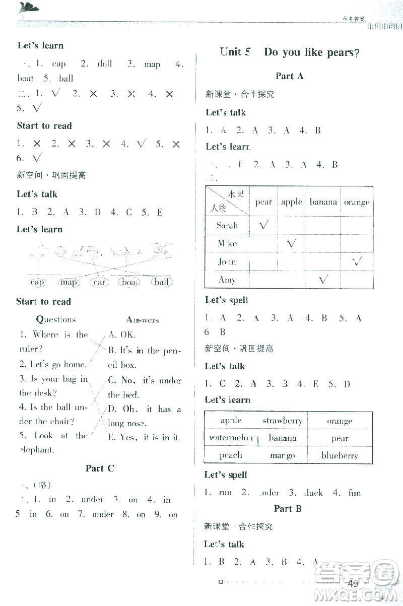 人教版PEP南方新課堂2019年金牌學案英語三年級下冊參考答案