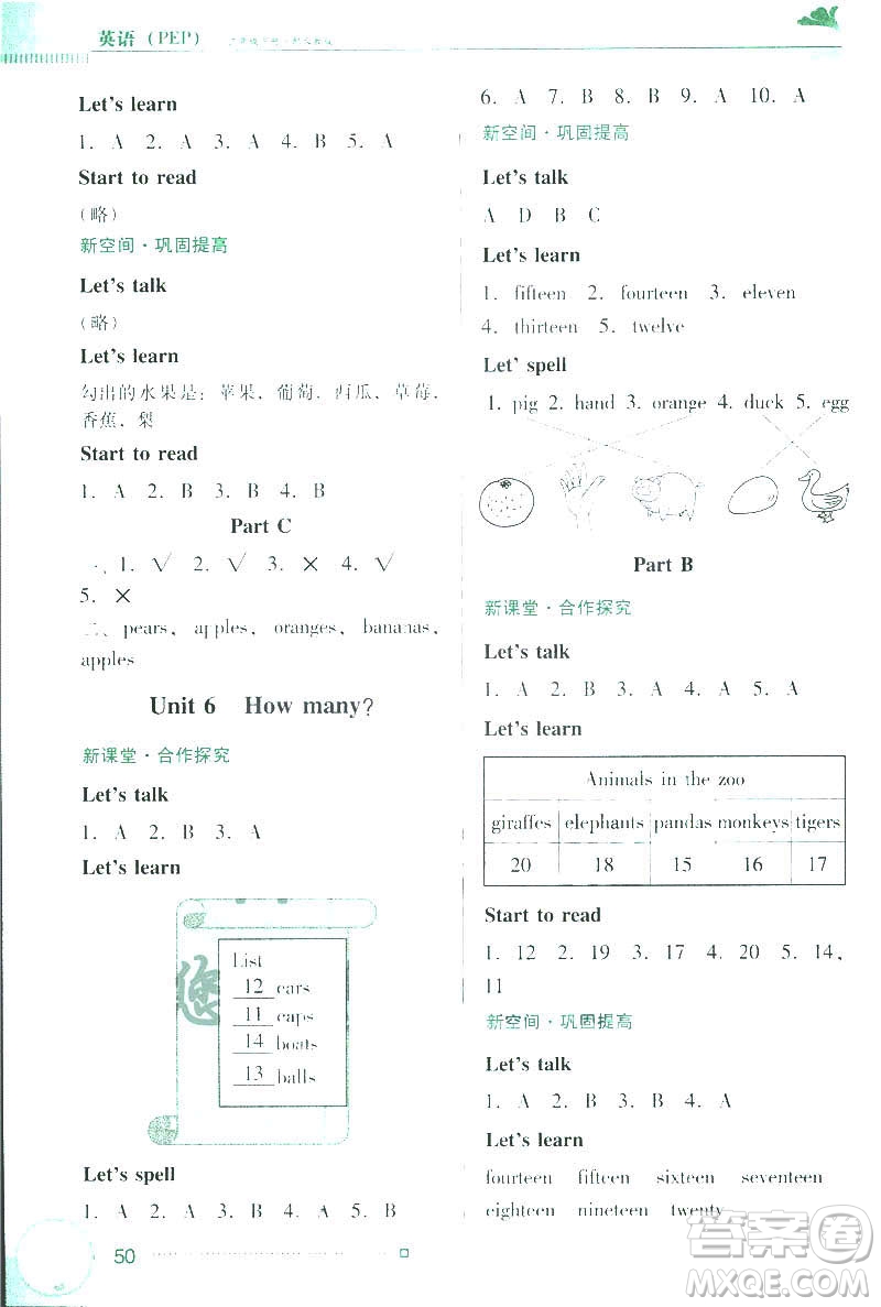 人教版PEP南方新課堂2019年金牌學案英語三年級下冊參考答案