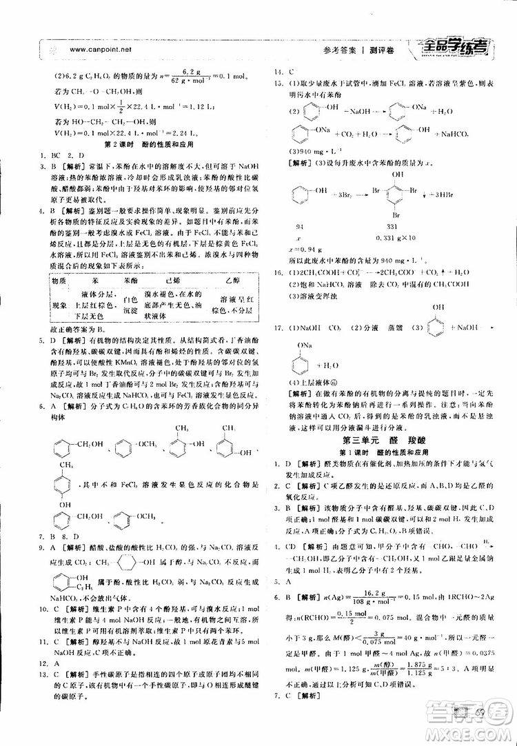 2019年全品學(xué)練考測評卷高中化學(xué)選修5有機化學(xué)基礎(chǔ)蘇教版SJ參考答案